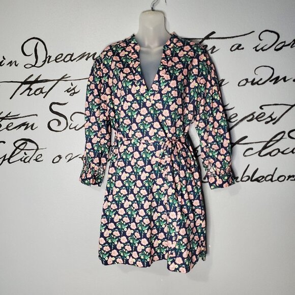 THML Navy Floral Long Sleeve, V Neck, Shirt Dress, M - Picture 1 of 10